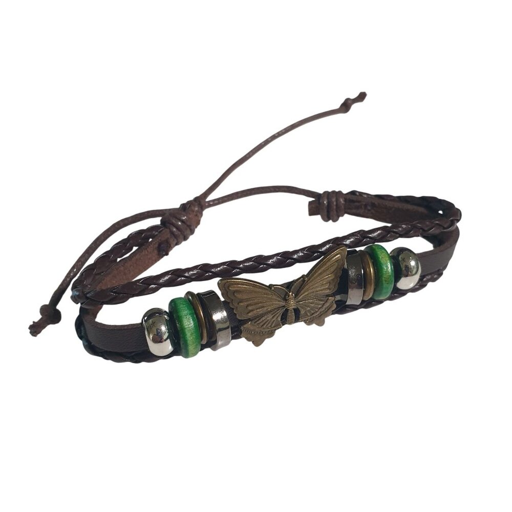 Butterfly Charm Braided Leather Bracelet Adjustable Handmade Boho Jewelry Gift